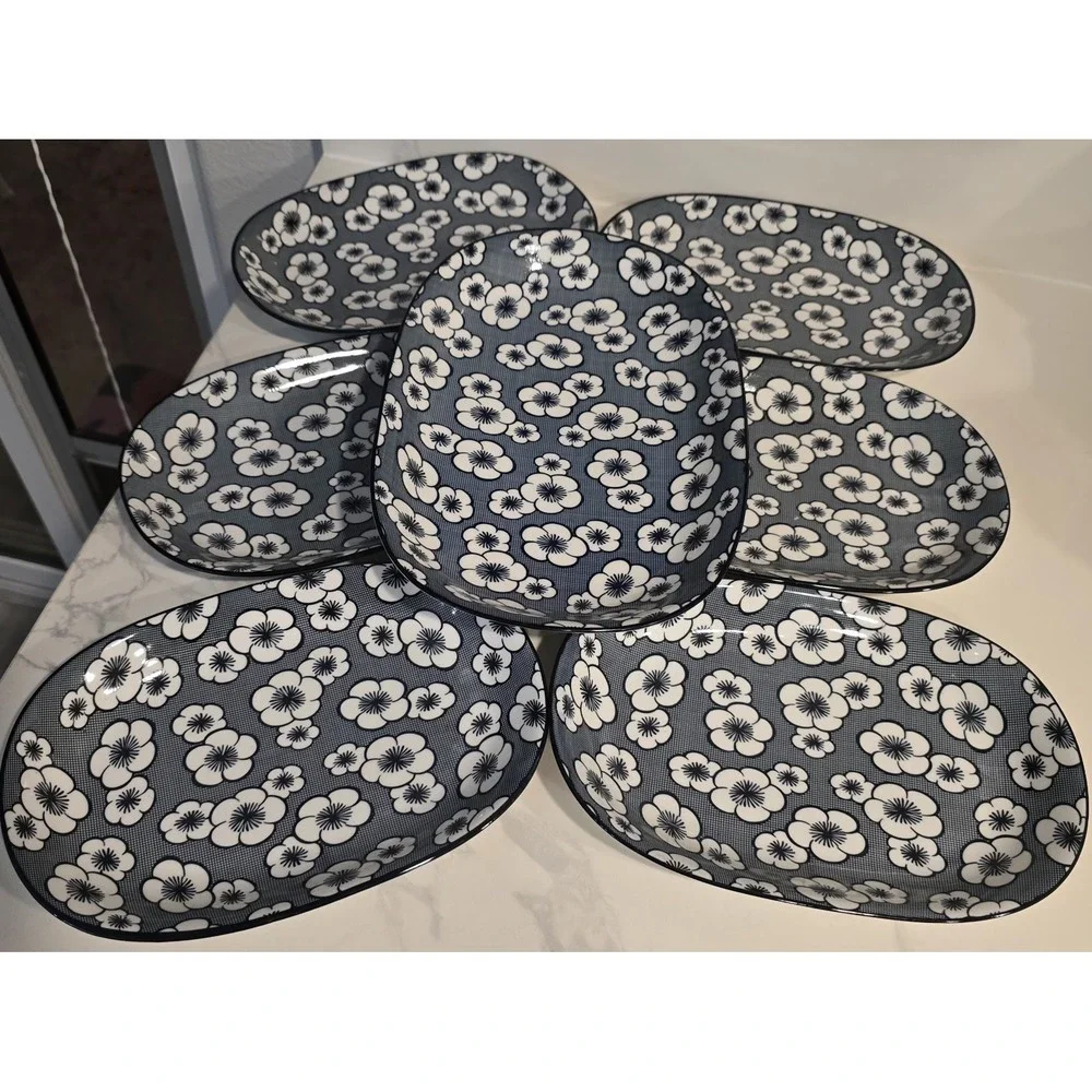 Japanese Style Plum Blossom Checkered Porcelain Plate/‎ Bowls Platter Lot Of 7